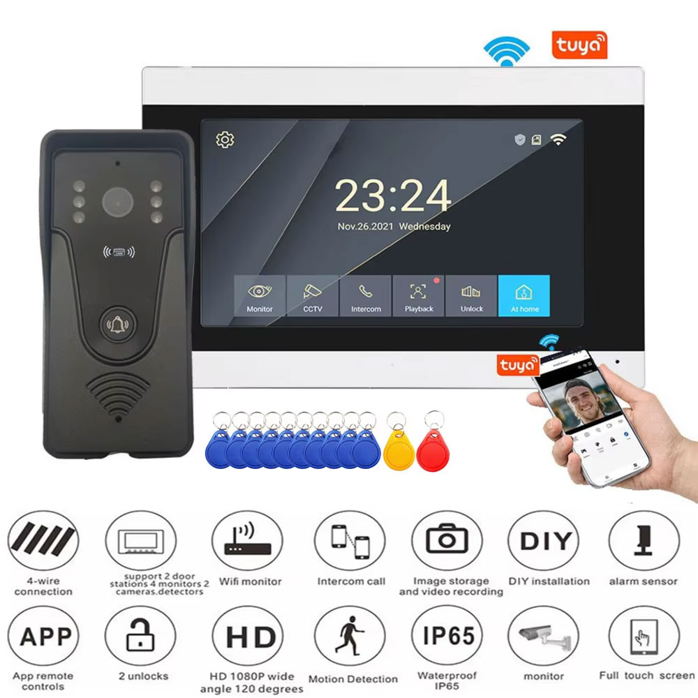 Smart Home Automation Diy - Tuya-アクセス制御システム用インターホンキット,1080pカラータッチスクリーン,Wi-Fi,ワイヤレスビデオドアベル,スマートアプリケーション,7インチ